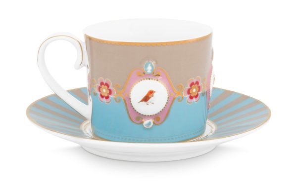 Pip Studio porcelæn Love Birds Medallion kop M/underkop blå/khaki  200 ml