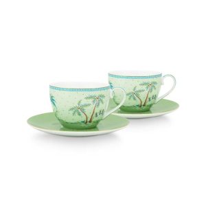 Set/2 Cups & Saucers Jolie Gold Dots Green 280ml