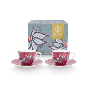 Set/2 Espresso Cups & Saucers Flower Festival Dark Pink 120m
