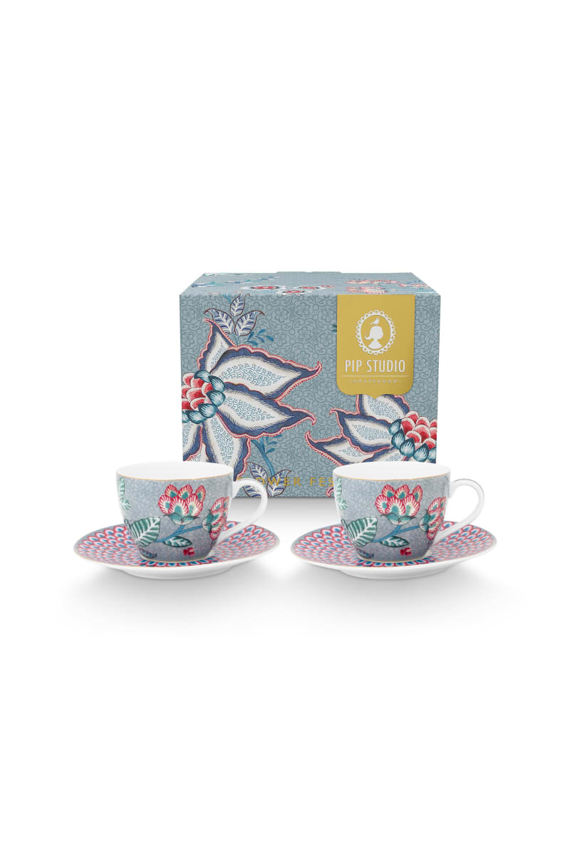 Set/2 Espresso Cups & Saucers Flower Festival Light Blue 120