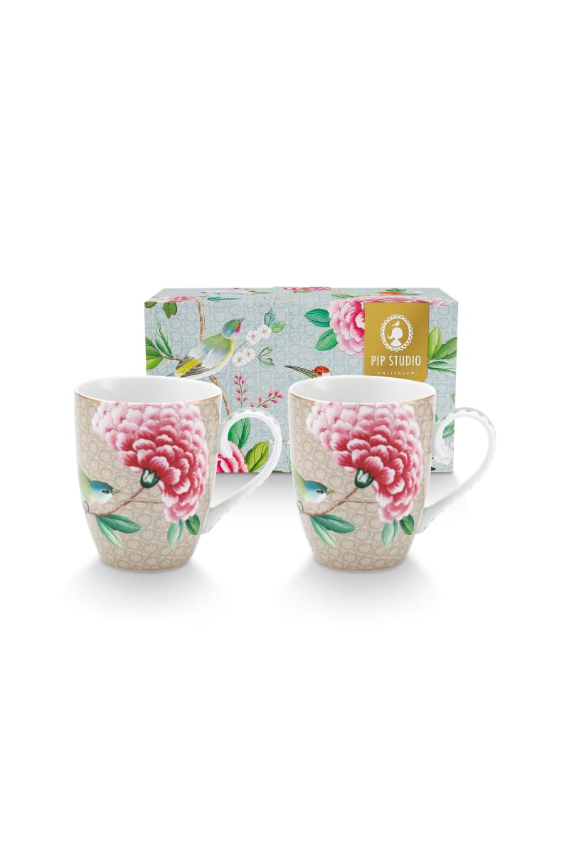 Set/2 Mugs Large Blushing Birds Khaki 350ml