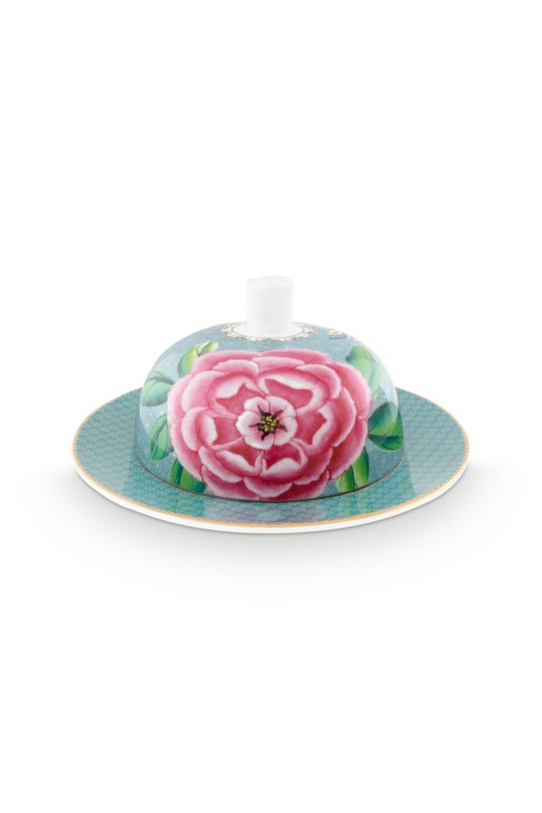 Butter Dish Round Blushing Birds Blue 17x8cm