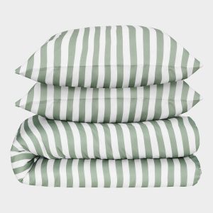 Bambus sengetøj hvid/oliven stribet bred 200Ã220 - Bambuni
