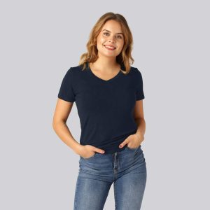 Bambus t-shirt v-hals i navy til damer - Bambuni
