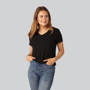 Bambus t-shirt v-hals ribbet i sort til damer - Bambuni