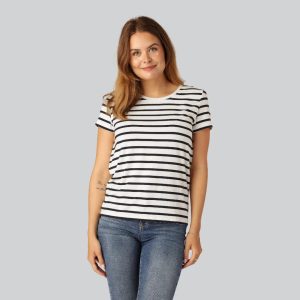 Bambus t-shirt o-hals stribet i navy/beige til damer - Bambuni