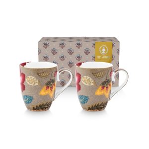 Set/2 Mugs Large Blooming Tales Fantasy Khaki