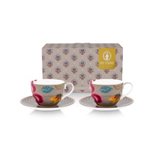 Set/2 Cups and Saucers Blooming Tales Fantasy Khaki